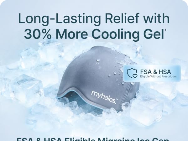 Text reads 'FSA &amp; HSA', 'Long-Lasting Relief with', '30% More Cooling Gel', 'FSA &amp; HSA Eligible Migraine Ice Cap'. Product shows a blue cooling cap designed for migraine relief.