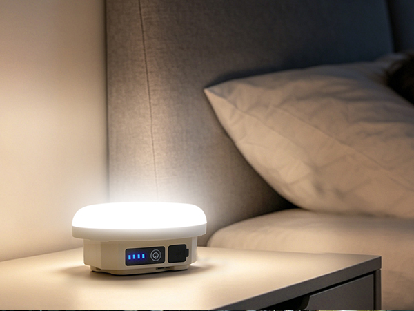 Warm LED camping lantern used as a gentle bedside night light beside a sleeping woman