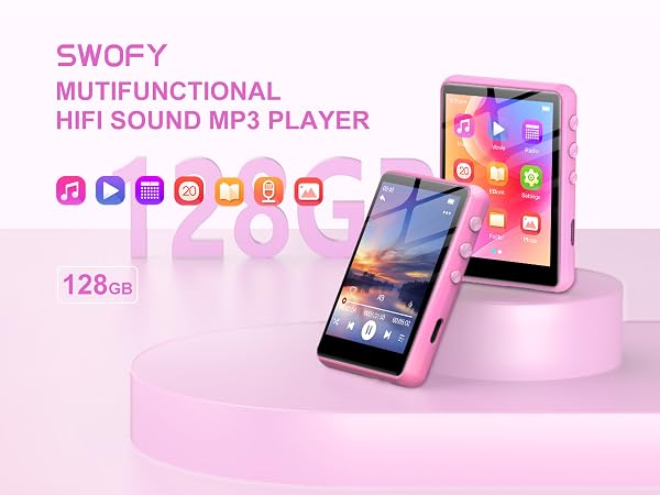 Swofy multifunctional HiFi sound MP3 player with 128GB storage. Pink device with touchscreen display showing colorful app icons. Second view shows landscape orientation on stand.