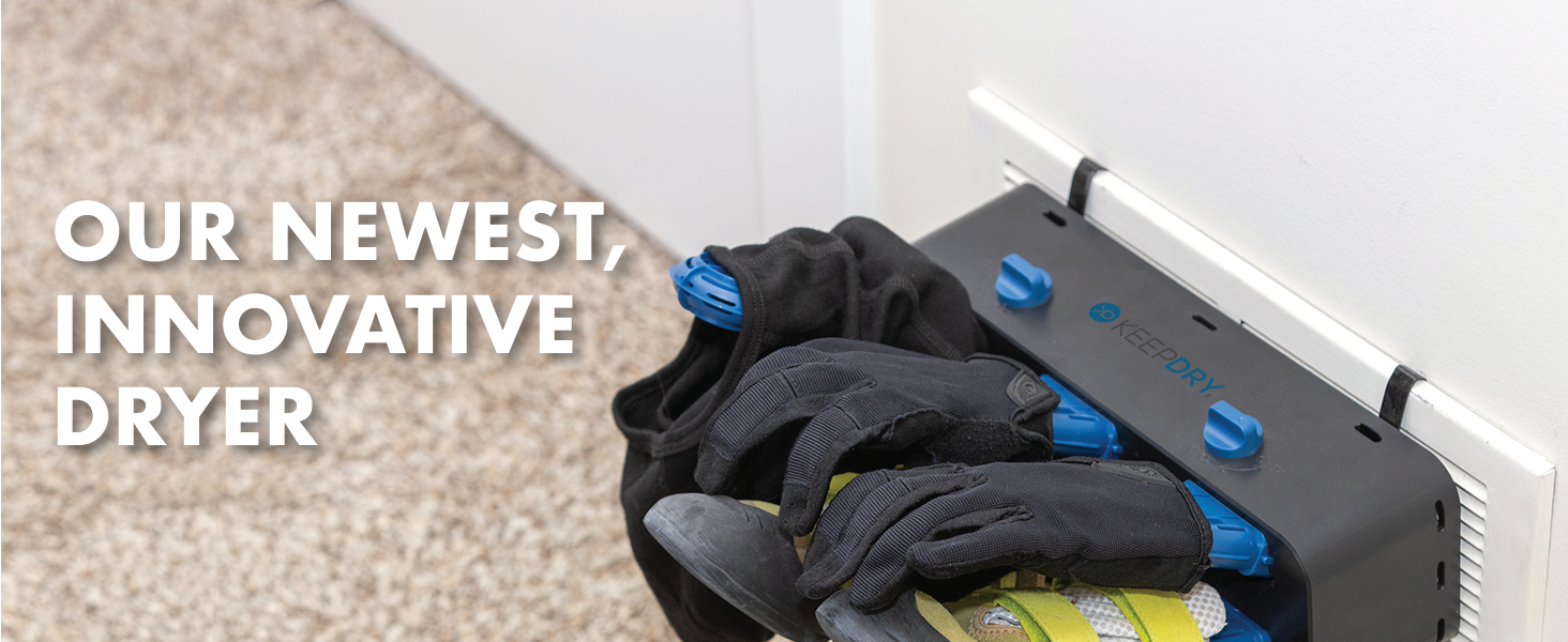 The glove dryer hands on a wall vent with cycling gloves and climbing shoes