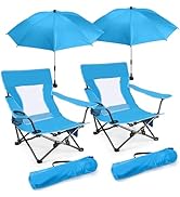 Joyfair Beach Camping Chair with Umbrellas, 2 Pack Outdoor Folding Low Camp Chairs for Adults, He...