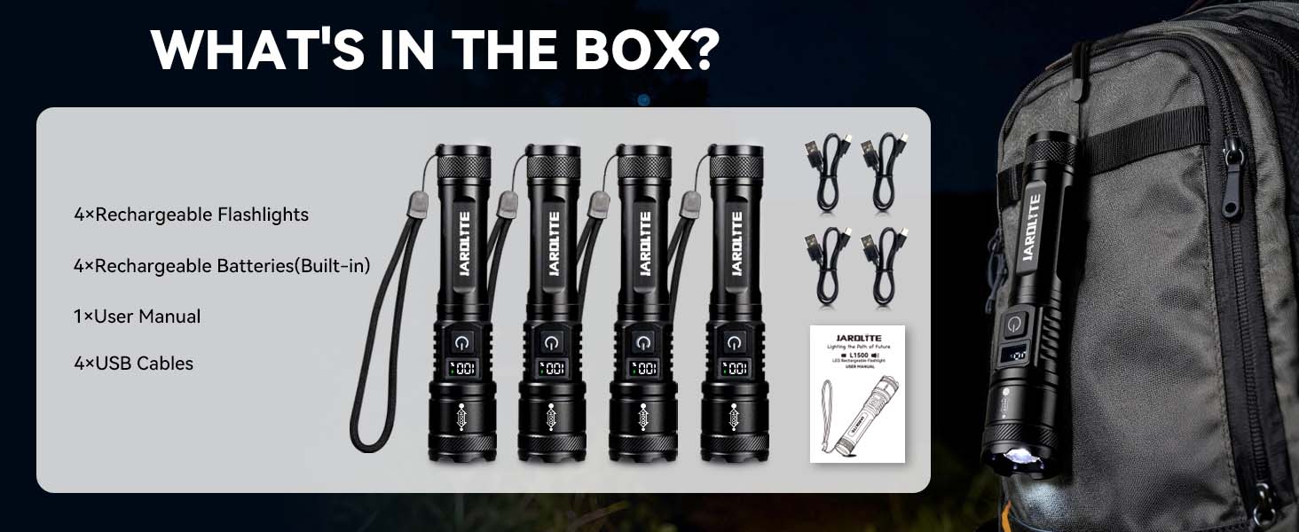 box includes 4 rechargeable flahshlights with batteries, 4 usb-c cables and 1 user manual