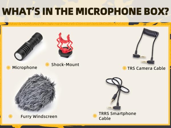 Text reads 'WHAT'S IN THE MICROPHONE BOX?' Diagram showing microphone accessories: Microphone, Shock Mount, TRS Camera Cable, Furry Windscreen, TRRS Smartphone Cable.