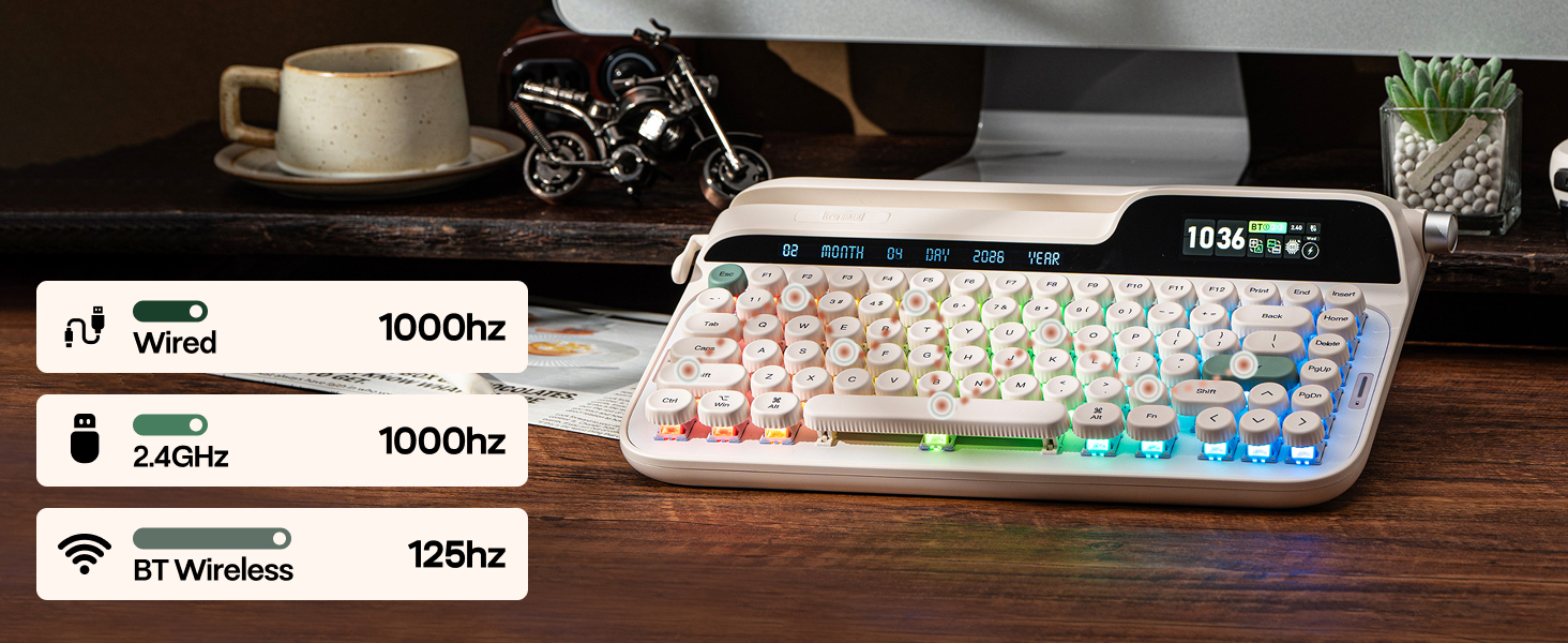 Text reads '5000N', '5000N', '125N'. White mechanical keyboard with RGB backlighting on wooden desk surface next to small plant.