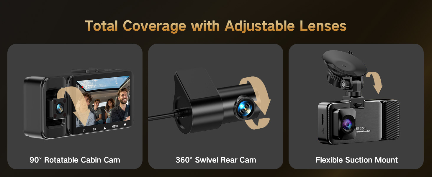 4K Dash Cam Front and Rear Inside, 3-Channel Cars Camera Dash