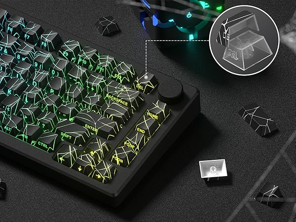 XVX Spider Web Keycaps Shine Through Keycaps cherry Profile, Lines Backlit, Side Printed - Black