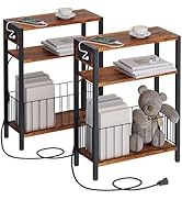 TRIFEBLE Narrow Side Table with Charging Station Set of 2, Small End Table for Small Spaces, Slim...