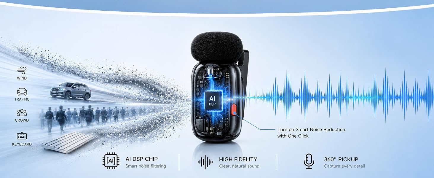 Noise cancelling wireless lavalier microphone for content creators streaming youtube tiktok vlogs
