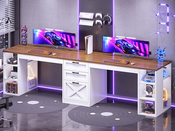 Computer Desk with Drawers, 2 Person Home Office Desk
