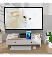 Monitor Stand Riser with Drawer - White Laptop Stand, Bamboo Desktop Shelf Organizer for Computer...