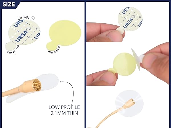 Text reads 'SIZE', 'LOW PROFILE', '0.1MM THIN'. Product demonstration showing thin, transparent adhesive pieces being applied.