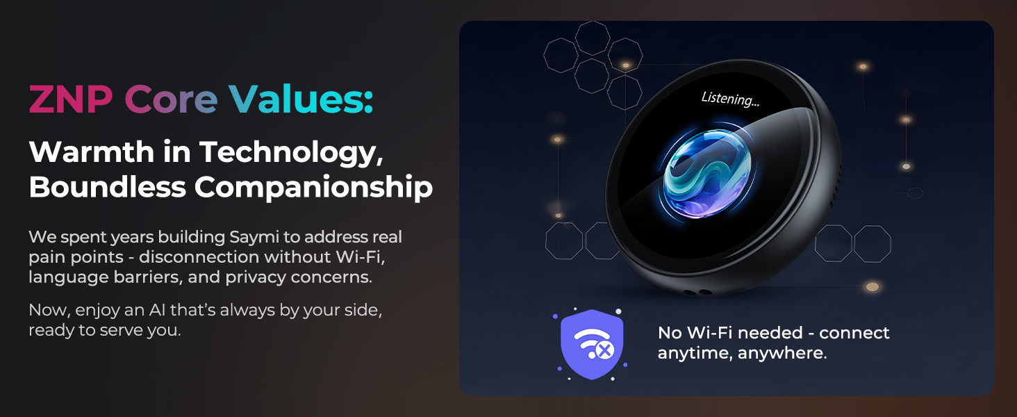 Text reads 'ZNP Core Values: Warmth in Technology, Boundless Companionship'. Features glowing blue circular tech device or interface against dark background.