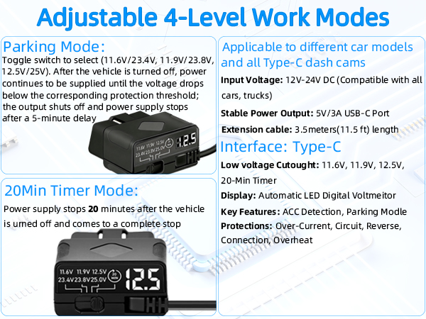 OBD2 to USB C Power Cable for Dash Cam, Plug and Play Dashcam Hardwire Kit with LED Voltmeter