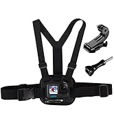 Action camera chest mount harness with adjustable black straps. Includes camera holder, J-hook buckle, and thumb screw. Camera display shows skier image.