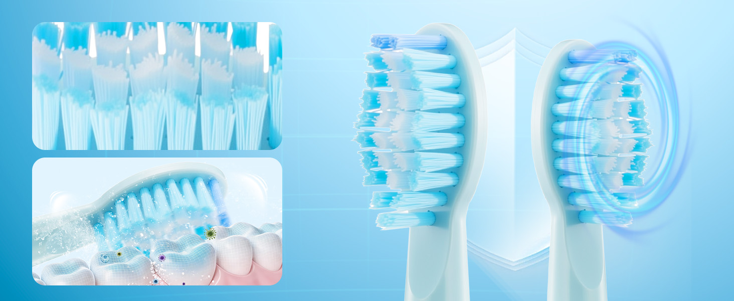 Collection of blue toothbrush heads shown in different angles, displaying bristle patterns and cleaning surfaces.