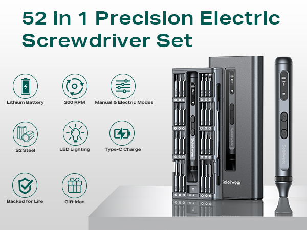 52-in-1 Precision Electric Screwdriver Set with lithium battery, 2000 rpm speed, manual and electric modes. Features S2 steel bits, LED lighting, and Type-C charging.