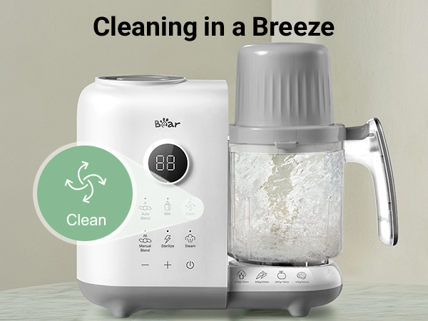 Text reads 'Clean'. White electronic device with transparent container showing internal components, featuring minimalist control interface with green accent icon.