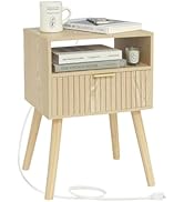 Nightstand with Charging Station, Wood Bedside Table with Drawer, Modern End Table for Bedroom an...