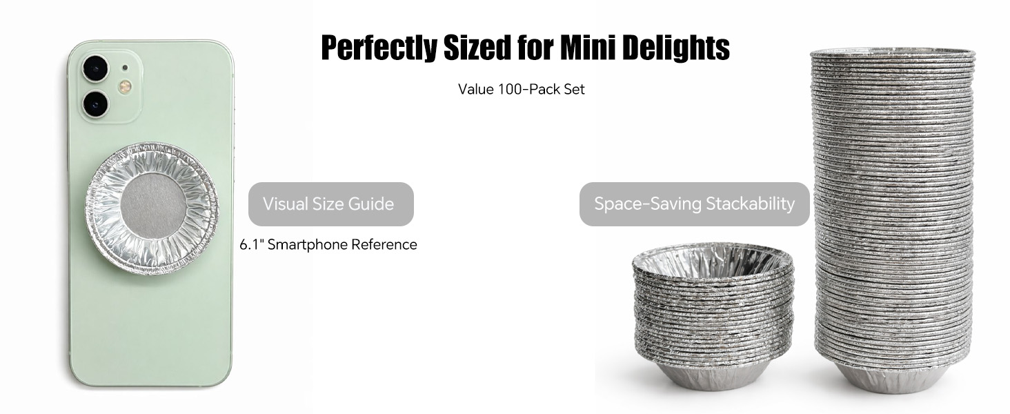 Mini tart foil molds vs smartphone size 100 piece bulk pack stackable storage for party.
