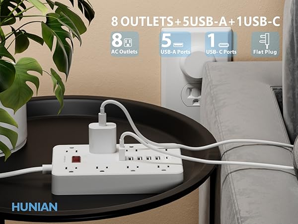 Flat Plug Power Strip with USB Ports 