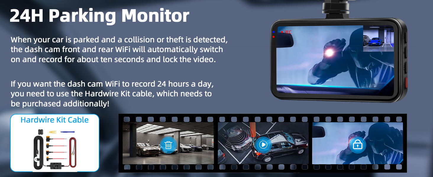 24H Parking Monitor for cars. Device features collision detection, automatic video recording, and Wi-Fi connectivity for 24-hour monitoring when parked.