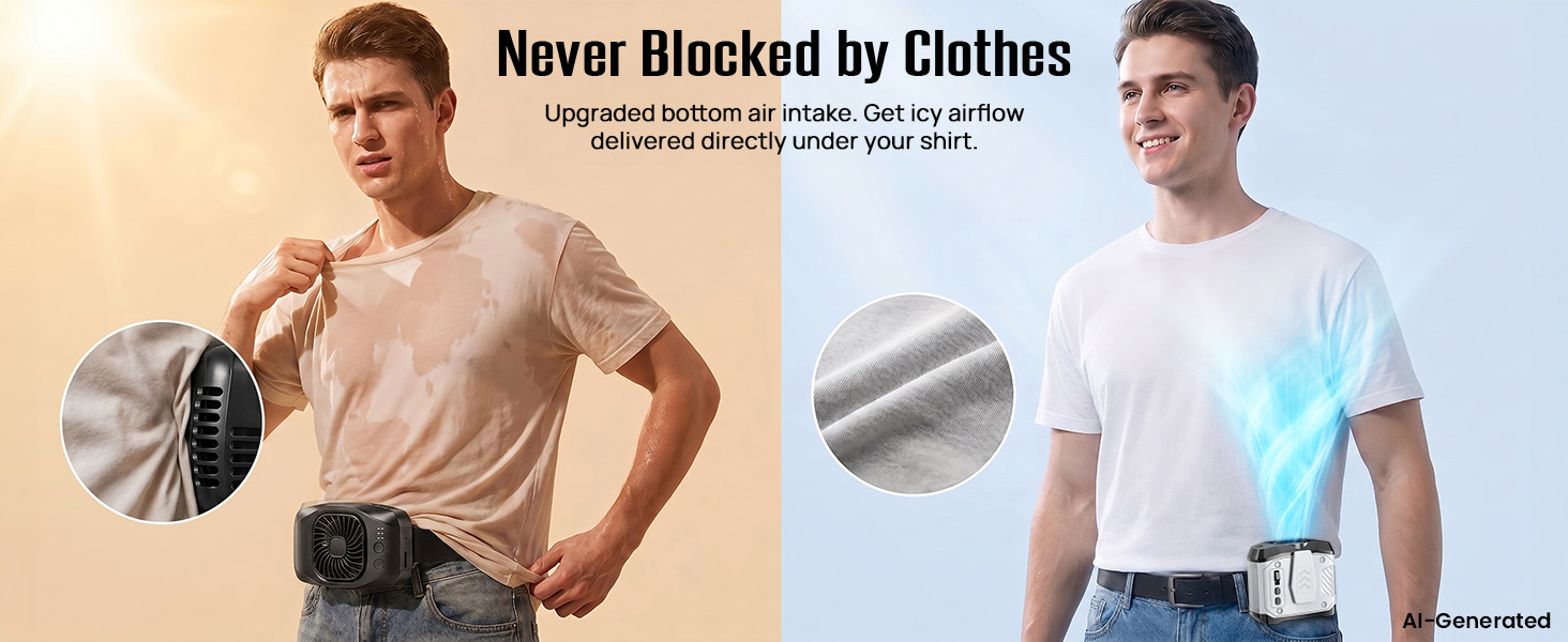 waist fan with Bottom-intake design keeps airflow clearer than side vents covered by clothing