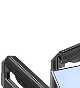 Close-up partial view of black monitor mount arms with mechanical joints and adjustable components.