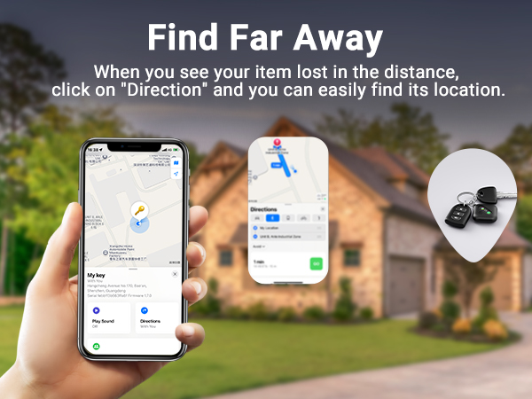 Text reads 'Find Far Away' and 'When you see your item lost in the distance, click on 'direction' and you can easily find its location.' App interface showing location finding feature.