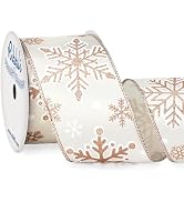 Ribbli Rose Gold Snowflake Wired Ribbon,Ivory Satin with Big Glitter Snowflake Christmas Ribbon f...