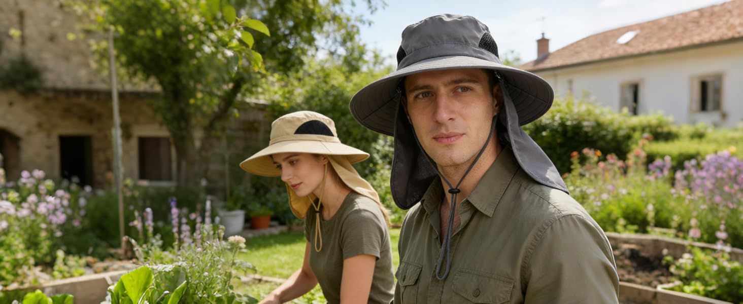 Gardeners with sun hats: gray and khaki. Tending plants, rural garden. Breathable work hats.