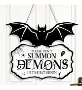 Funny Halloween Bathroom Decor-Please Don't Summon Demons Spooky Wood Sign | Gothic Bat Hanging W...