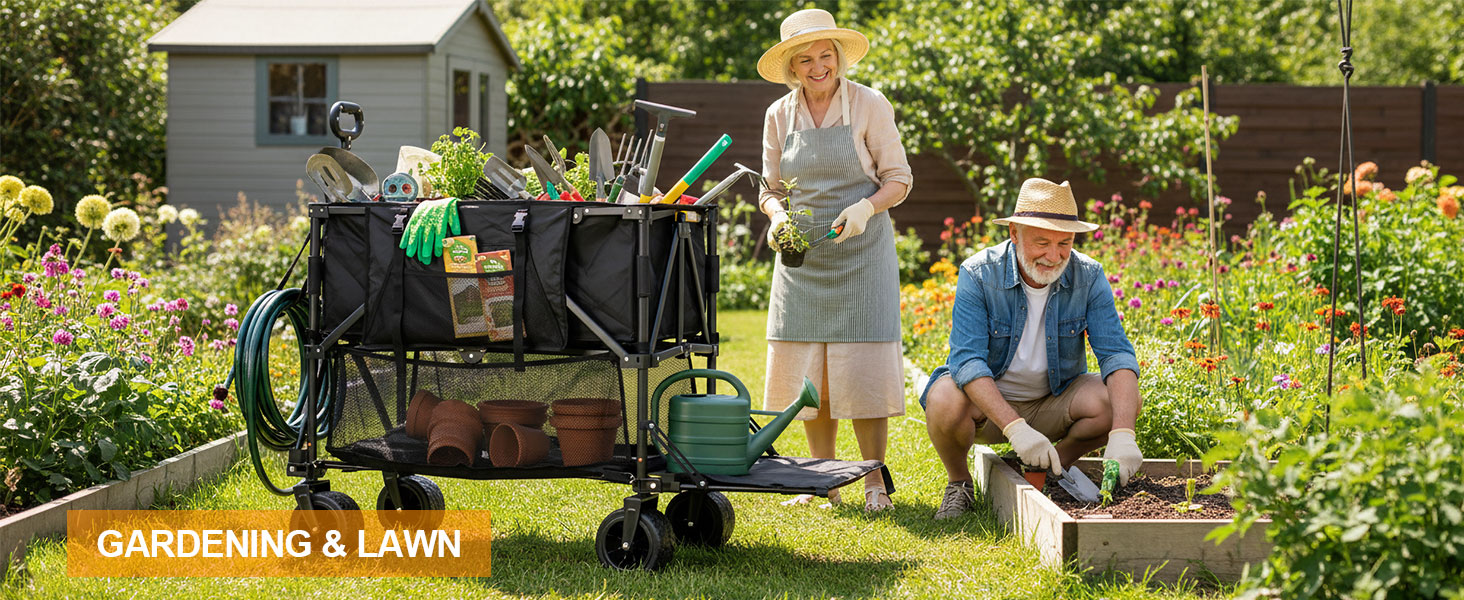 Garden cart for soil and plant transport with heavy duty frame and easy to clean 600D fabric