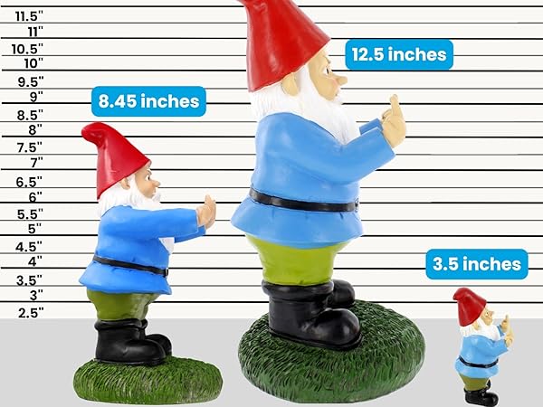 Gnometastic Gnomes line-up of middle finger gnomes from 12.5 inch to 3.5 inch mini