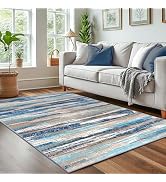 Lansny Modern Abstract 4x6 Living Room Washable Rug Non-Slip Soft Bedroom Area Rug Blue Thin Prin...