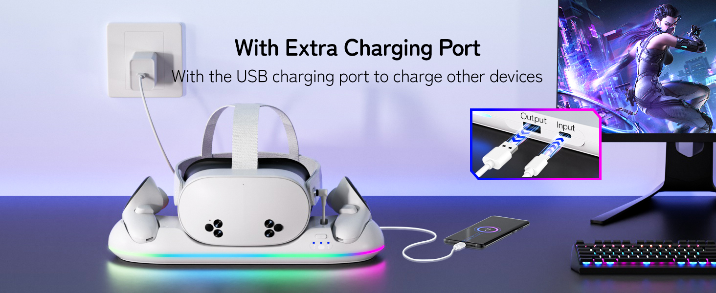 20W Safe Fast Charging Dock for Quest 3/3S/2: Equipped with a 20W standard fast-charging adapter
