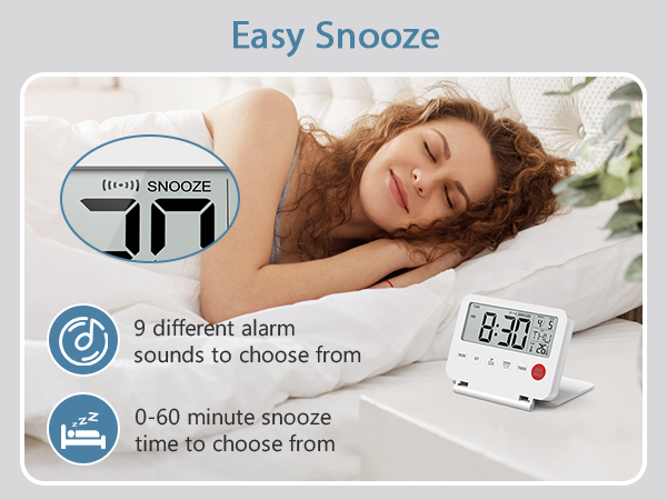 Digital Travel Alarm Clock, Large LCD Display Small Alarm Clock with Temperature, 12/24H, Desk Clock