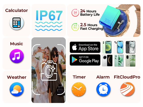 Everyday smart watch tools including weather, music control, alarms, timer and calculator