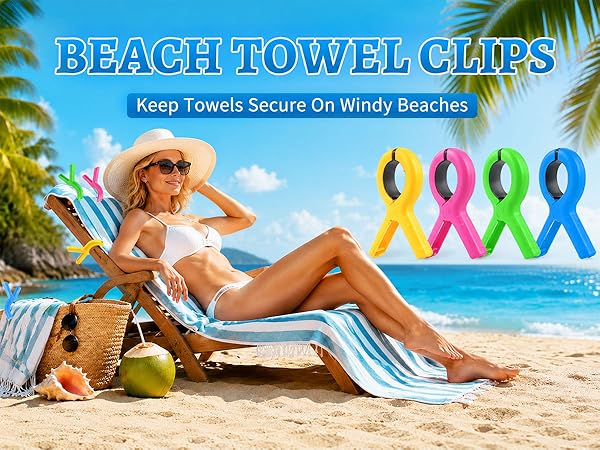 Beach towel clips for beach chairs, pool chairs and cruise vacations