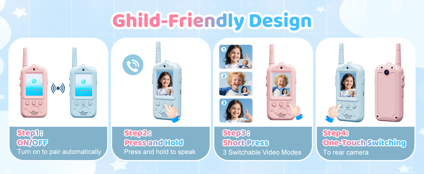 Long range walkie talkie for kids up to 1600ft outdoor and 500ft indoor one-to-one pairing.