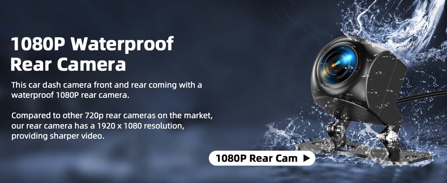 1080P waterproof rear camera for car dashcam. Showcases water-resistant feature with splashing effect, emphasizing higher resolution compared to 720p cameras.