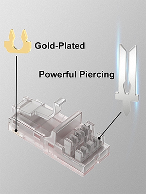 Technical diagram showing gold-plated components and piercing mechanism in transparent device housing.