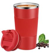 the coffee cup is made of red plastic and has a lid.