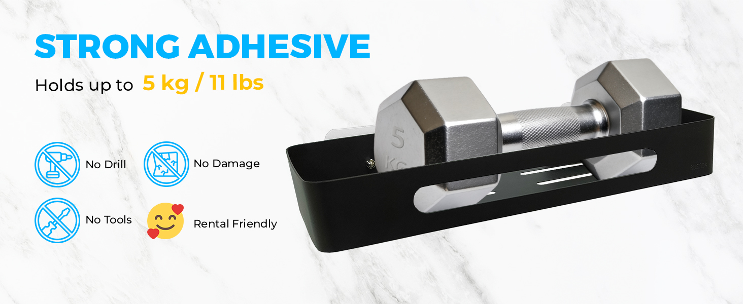 shower shelves with strong adhesive, no drill, no tools, no damage, it holds up to 5 kg / 11 lbs