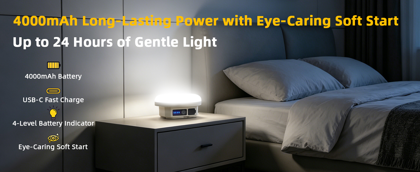 Camping lantern as a bedside night light with soft start and 4000mAh long-lasting battery