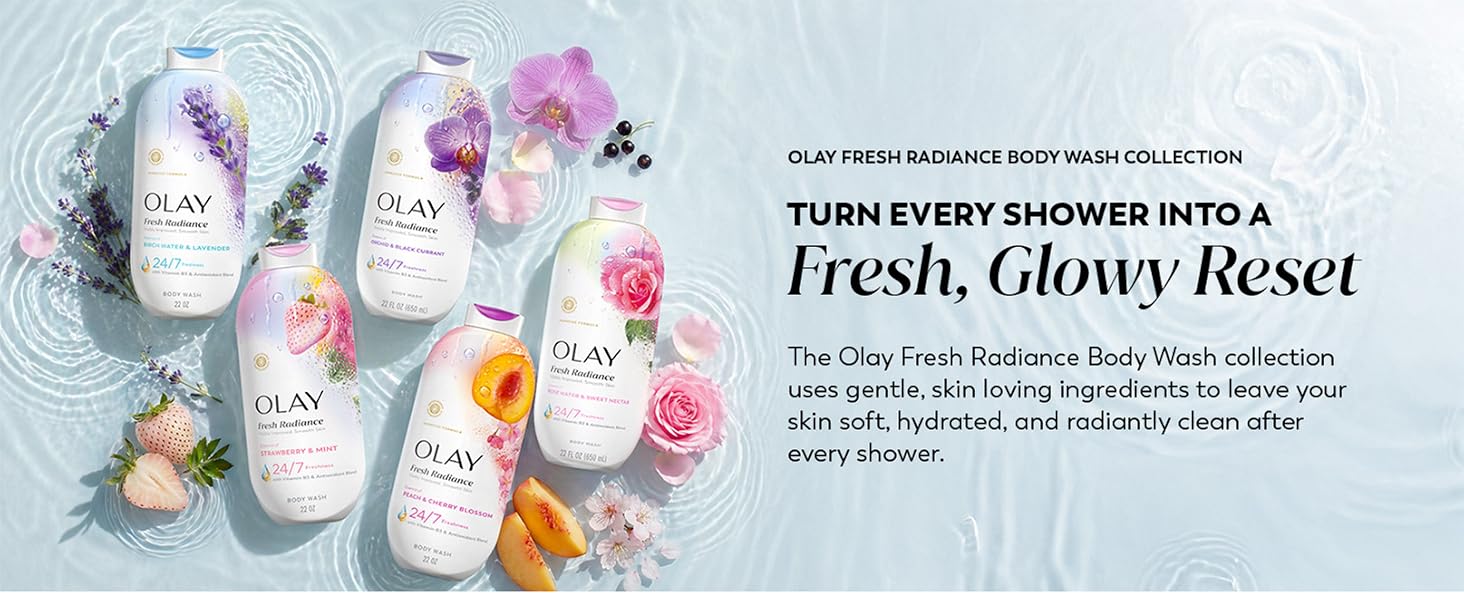 Olay Fresh radiance products placed against blue background with floral elements beside them