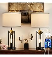 Leasgy 25'' Farmhouse Table Lamps for Living Room Set of 2 with USB C+A Ports, Rustic Vintage Bed...