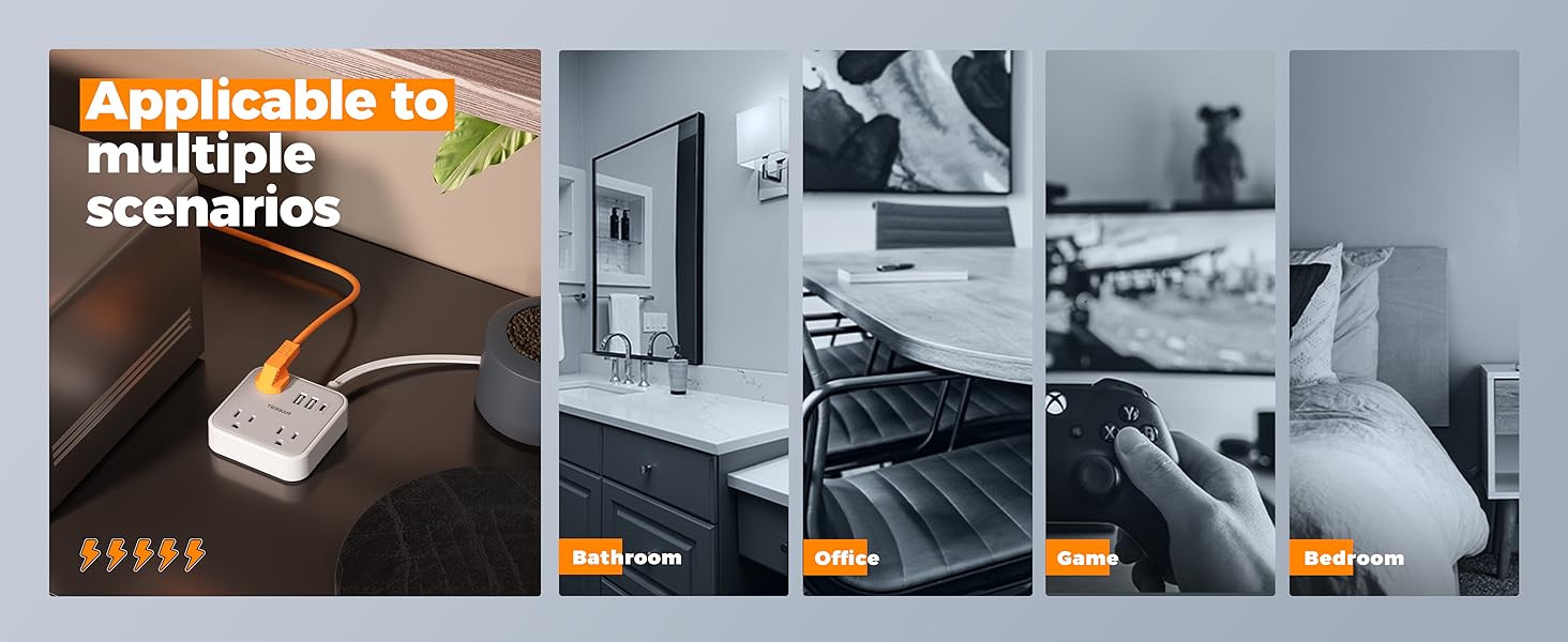 Ultra Thin Flat Extension Cord Power Strip with USB Ports