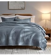 palassio Striped Blue Grey 100% Cotton Quilt King Size Bedding Sets, Lightweight Crinkly Channel ...