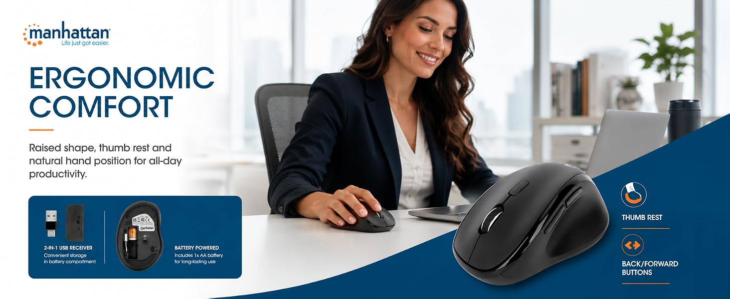 Wireless Ergonomic Mouse 1600 dpi, Six Buttons 