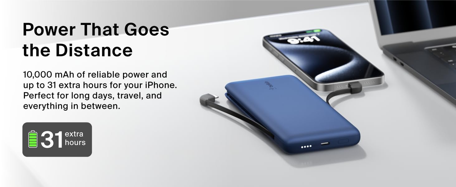Image of portable charger with phone with text reading power that goes the distance.